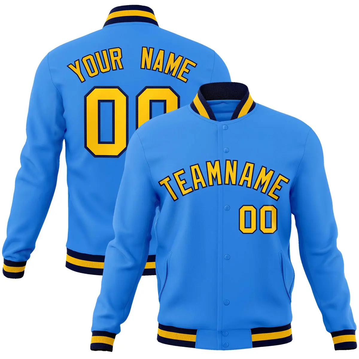 Powder Blue Gold-Navy Varsity Full-Snap Letterman Jacket