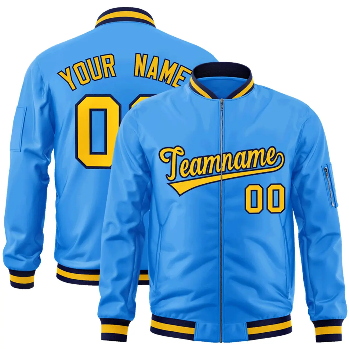 Powder Blue Gold-Navy Varsity Full-Zip Letterman Jacket
