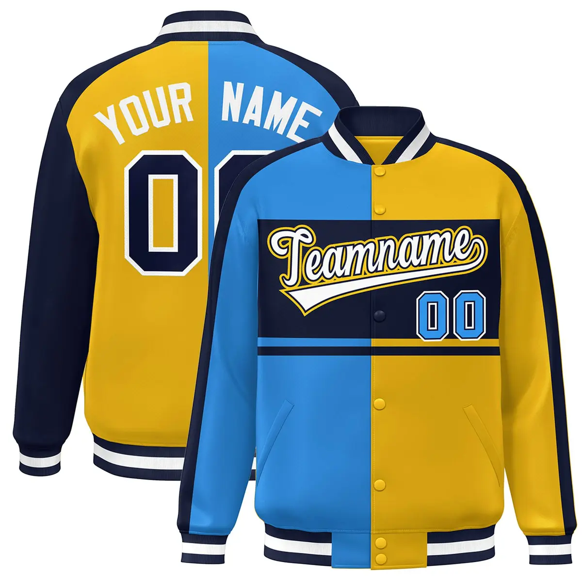 Powder Blue Gold Navy-White Color Block Varsity Baseball Jacket