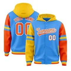 Powder Blue Gold-Orange Raglan Three Stripes Varsity Letterman Hoodie 1