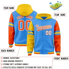 Powder Blue Gold-Orange Raglan Three Stripes Varsity Letterman Hoodie 4
