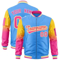 Powder Blue Gold-Pink Gradient Raglan Varsity Full-Zip Letterman Bomber Jacket 1