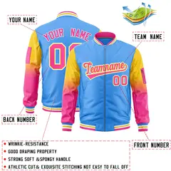 Powder Blue Gold-Pink Gradient Raglan Varsity Full-Zip Letterman Bomber Jacket 2