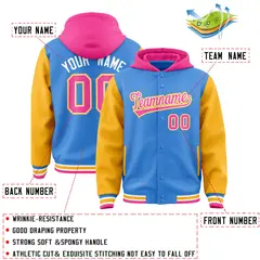 Powder Blue Gold Pink Raglan Full-Snap Varsity Letterman Hoodie Jacket 4