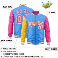 Powder Blue Gold Pink Varsity Letterman Bomber Jacket Full-Zip Raglan 2