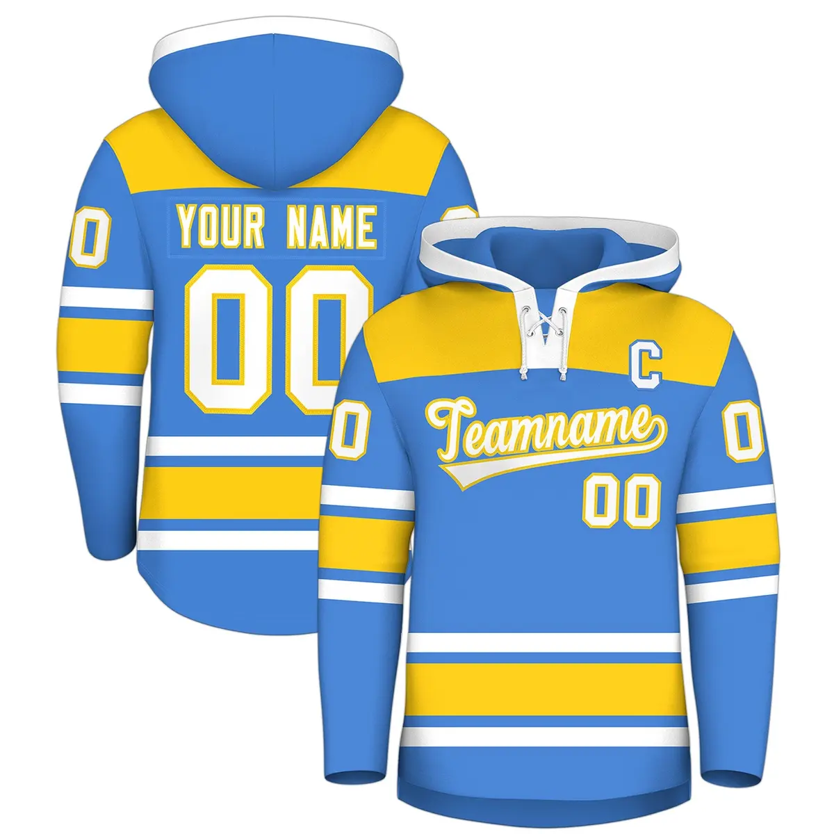 Powder Blue Gold Raglan Lace-Up Neck Hockey Hoodie Jersey