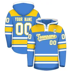 Powder Blue Gold Raglan Lace-Up Neck Hockey Hoodie Jersey 1