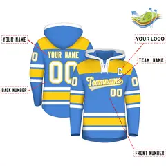 Powder Blue Gold Raglan Lace-Up Neck Hockey Hoodie Jersey 2