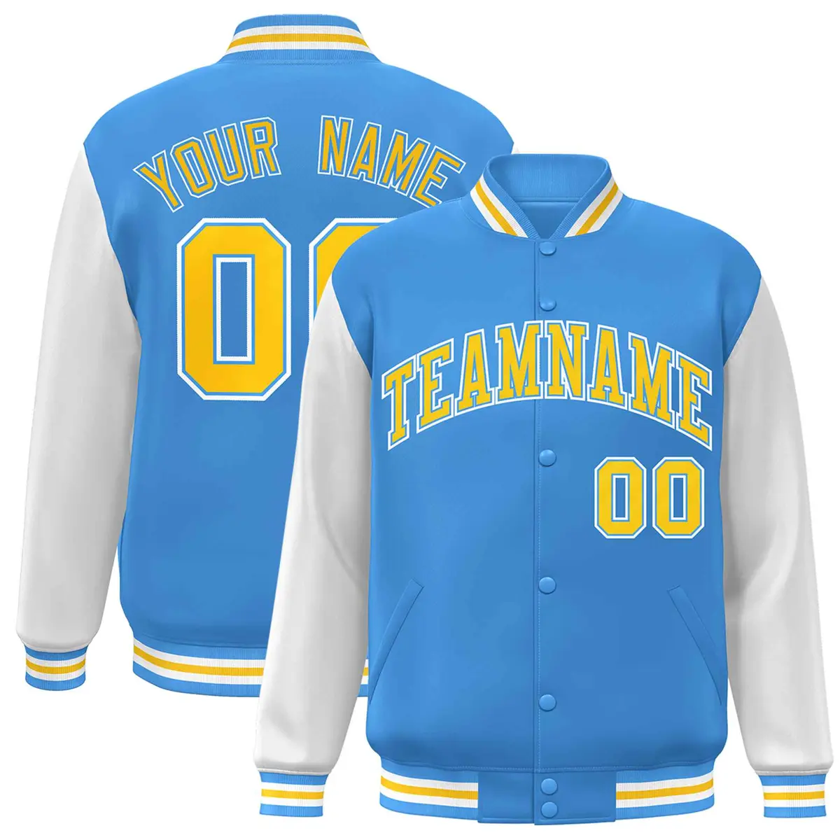 Powder Blue Gold Raglan Sleeves Varsity Full-Snap Letterman Jacket