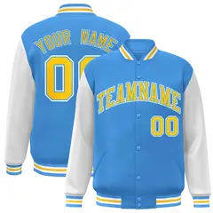 Powder Blue Gold Raglan Sleeves Varsity Full-Snap Letterman Jacket