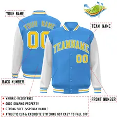 Powder Blue Gold Raglan Sleeves Varsity Full-Snap Letterman Jacket 2