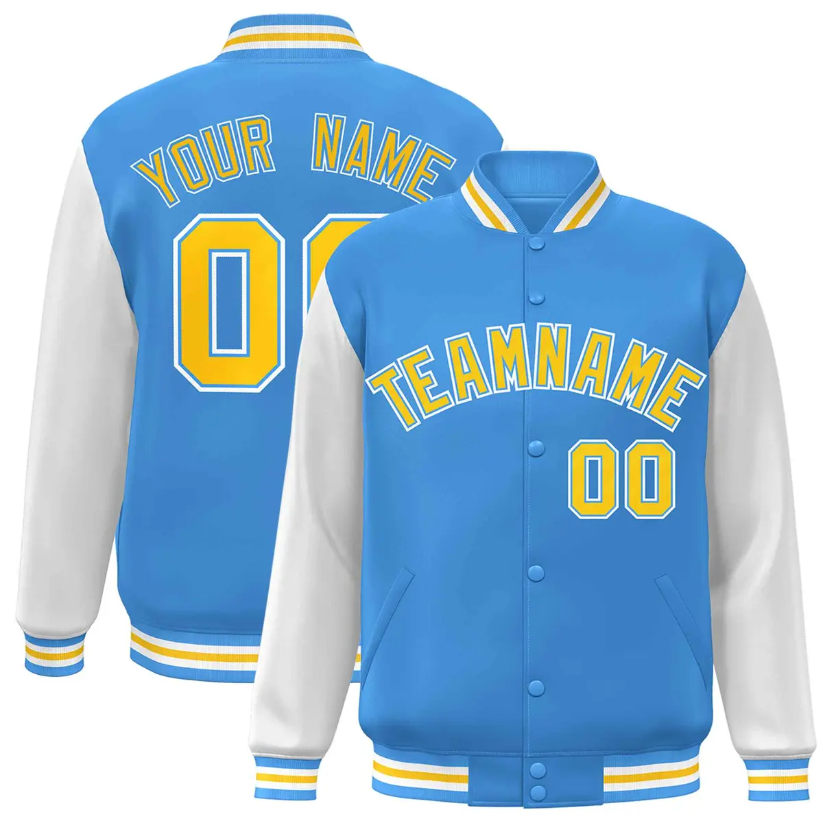 Powder Blue Gold Raglan Sleeves Varsity Full-Snap Letterman Jacket