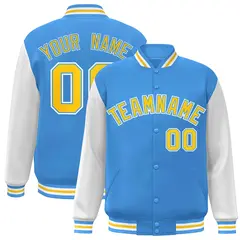 Powder Blue Gold Raglan Sleeves Varsity Full-Snap Letterman Jacket