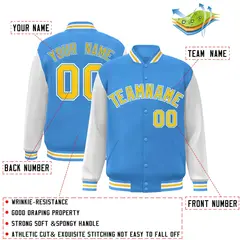 Powder Blue Gold Raglan Sleeves Varsity Full-Snap Letterman Jacket 2