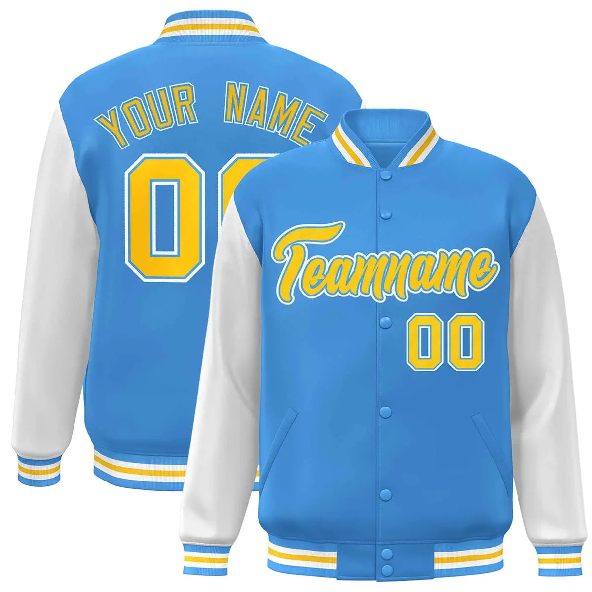 Powder Blue Gold Raglan Sleeves Varsity Full-Snap Letterman Jacket