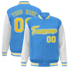 Powder Blue Gold Raglan Sleeves Varsity Full-Snap Letterman Jacket