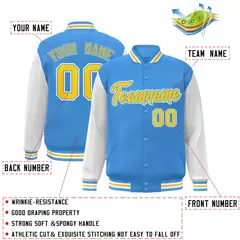 Powder Blue Gold Raglan Sleeves Varsity Full-Snap Letterman Jacket 2