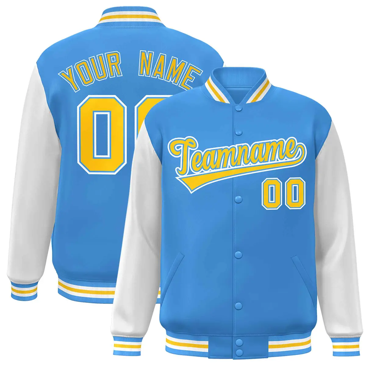 Powder Blue Gold Raglan Sleeves Varsity Full-Snap Letterman Jacket