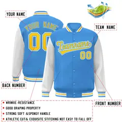Powder Blue Gold Raglan Sleeves Varsity Full-Snap Letterman Jacket 2