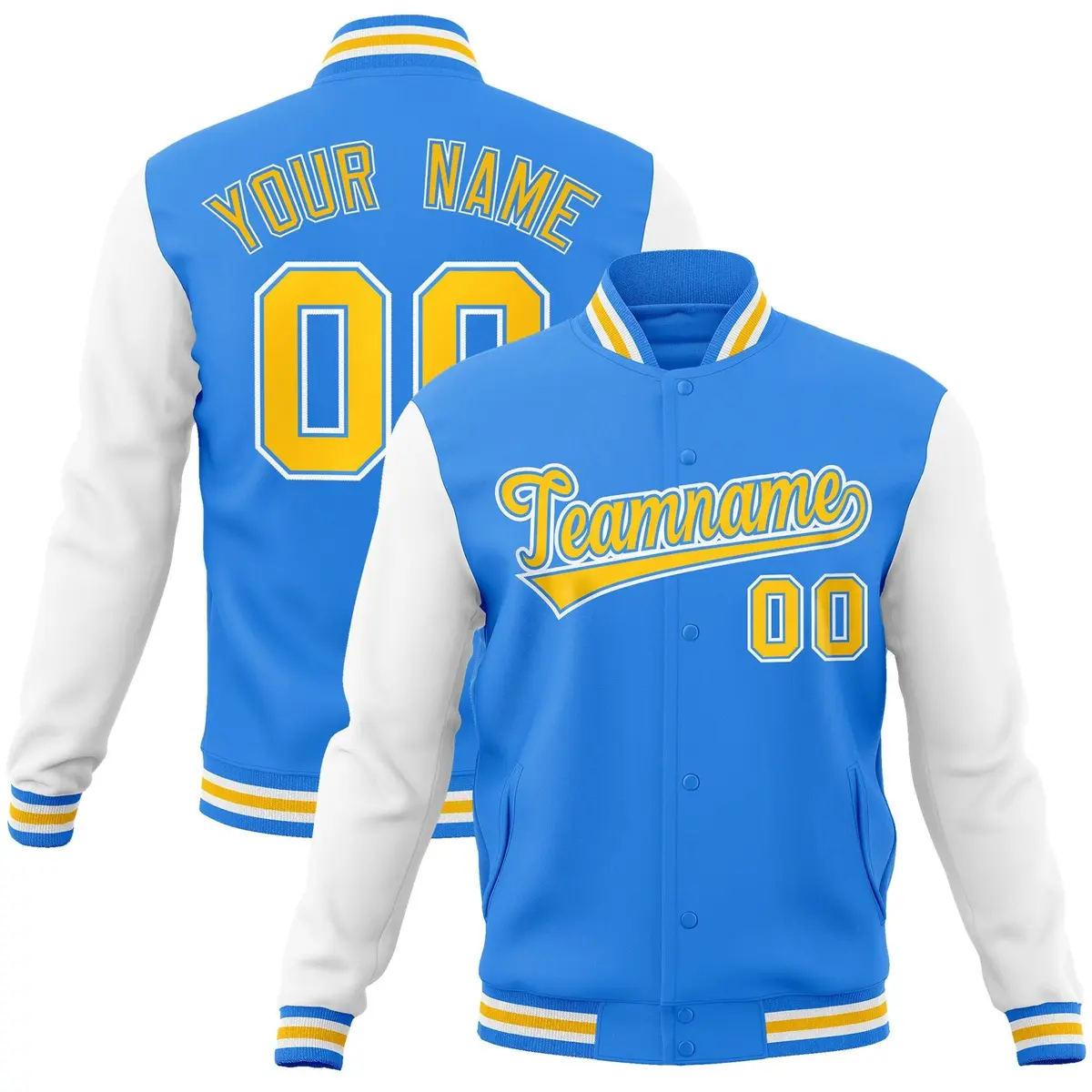 Powder Blue Gold Raglan Sleeves Varsity Full-Snap Letterman Jacket