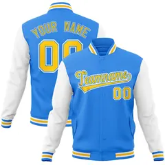 Powder Blue Gold Raglan Sleeves Varsity Full-Snap Letterman Jacket 1