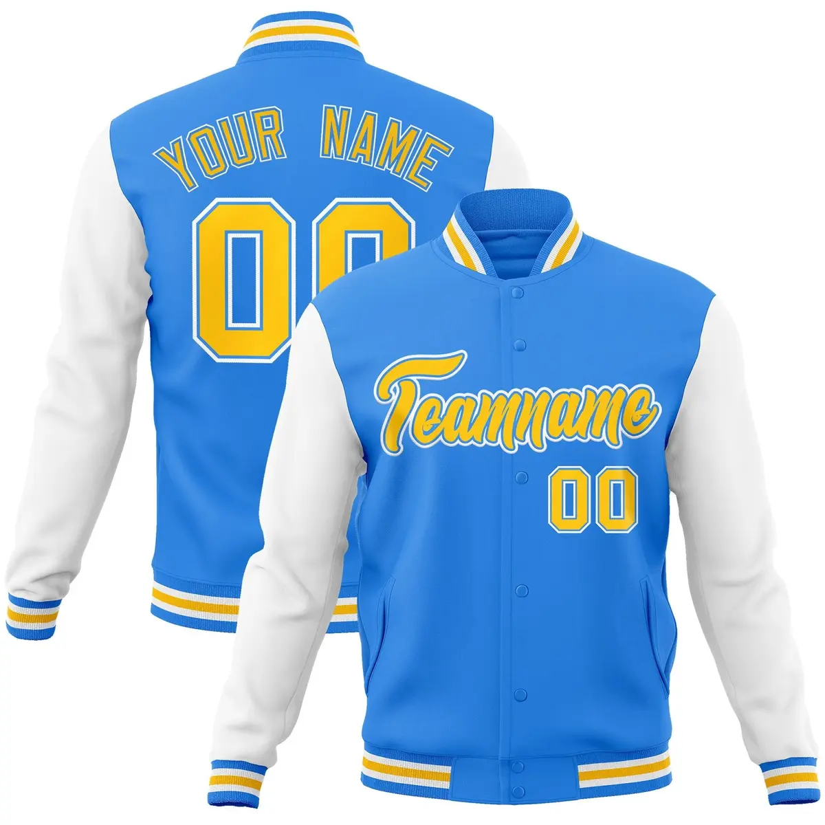 Powder Blue Gold Raglan Sleeves Varsity Full-Snap Letterman Jacket