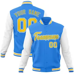 Powder Blue Gold Raglan Sleeves Varsity Full-Snap Letterman Jacket