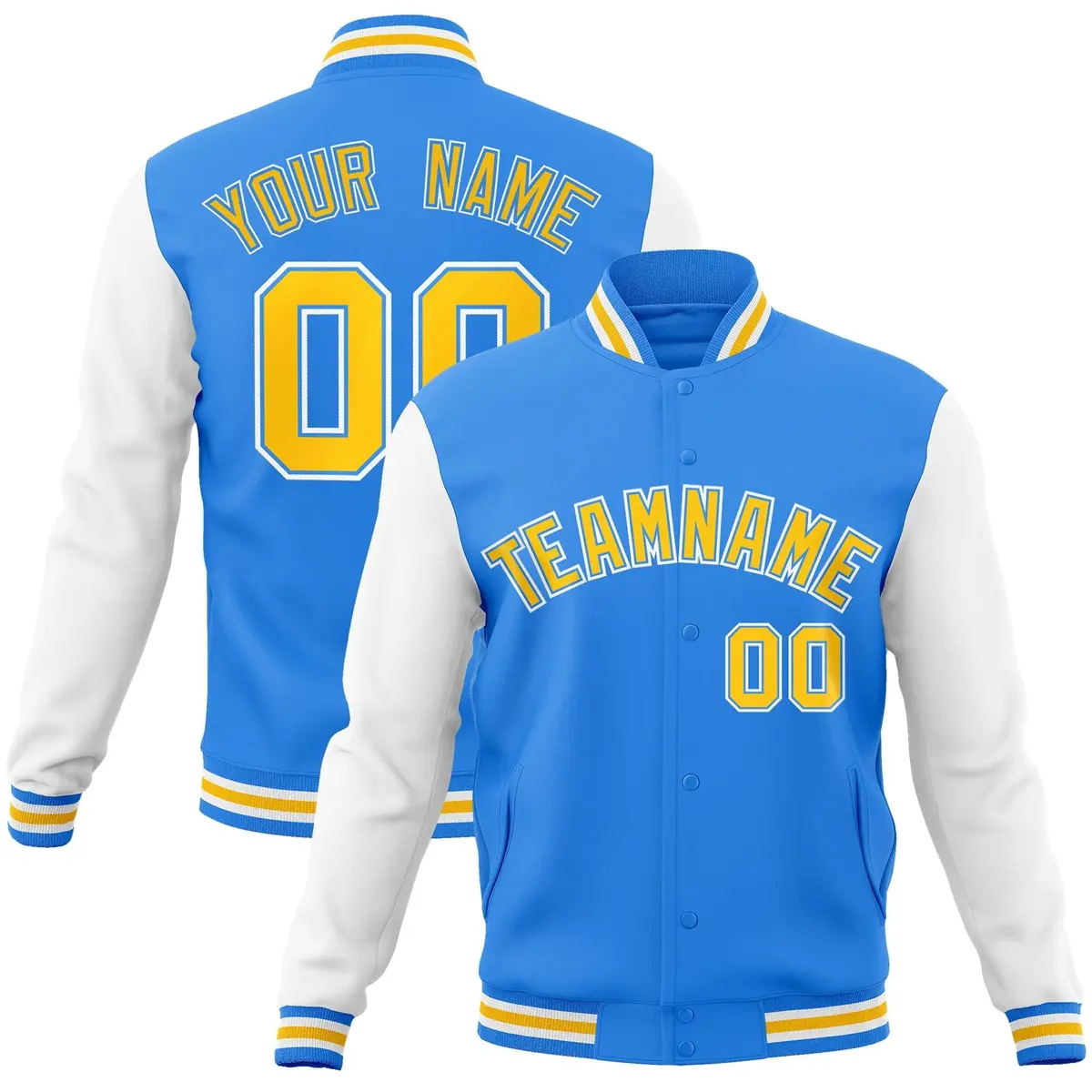 Powder Blue Gold Raglan Sleeves Varsity Full-Snap Letterman Jacket