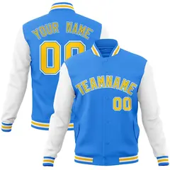 Powder Blue Gold Raglan Sleeves Varsity Full-Snap Letterman Jacket 1