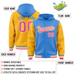 Powder Blue Gold Raglan Varsity Full-Snap Letterman Jacket Hoodie 4