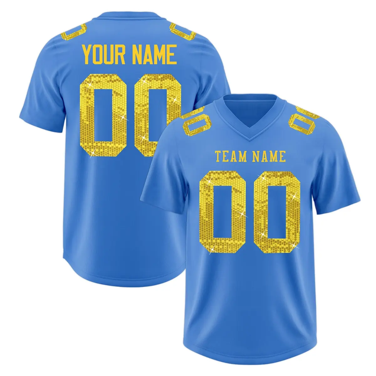 Powder Blue Gold Sequin Lettering Breathable Football Jersey