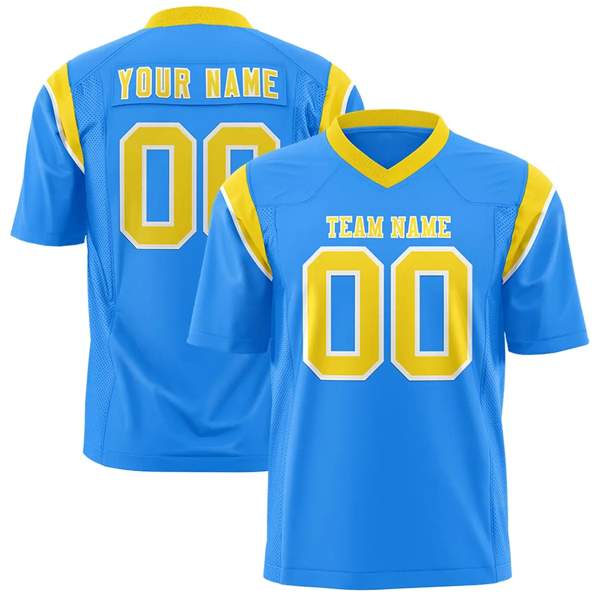 Powder Blue Gold Two-Tone Shoulder Cut Flag Football Jersey