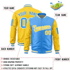 Powder Blue Gold Two-Tone Varsity Letterman Bomber Jacket 2
