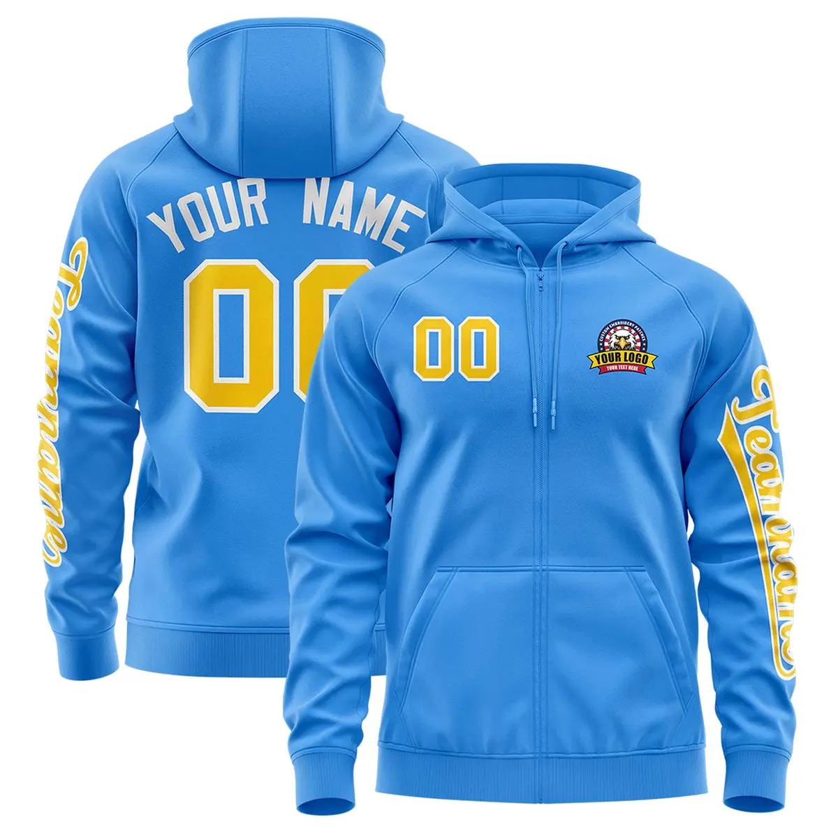 Powder Blue Gold Varsity Full-Zip Letterman Jacket Hoodie
