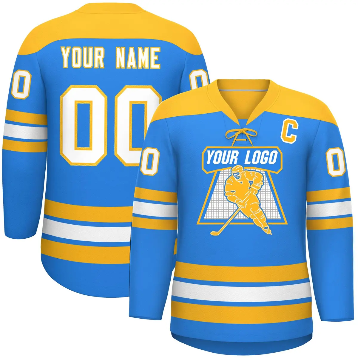 Powder Blue Gold White Classic Lace-Up Neck Hockey Jersey