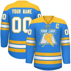 Powder Blue Gold White Classic Lace-Up Neck Hockey Jersey