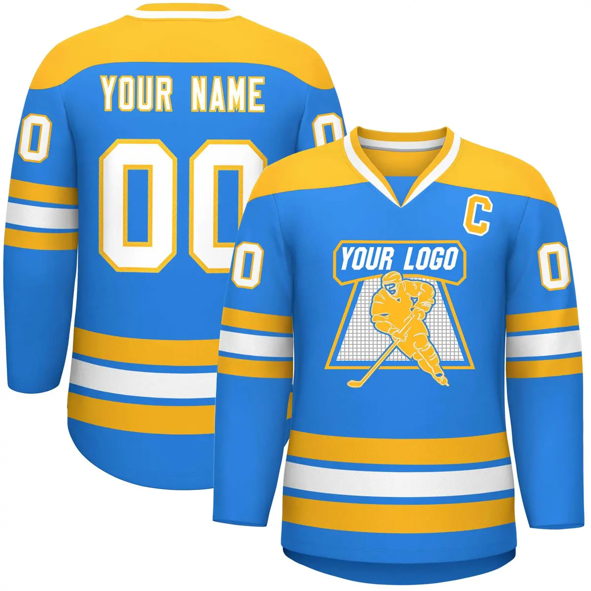 Powder Blue Gold-White Classic V-Neck Hockey Jersey