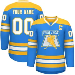 Powder Blue Gold-White Classic V-Neck Hockey Jersey 1