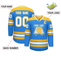 Powder Blue Gold-White Classic V-Neck Hockey Jersey 2