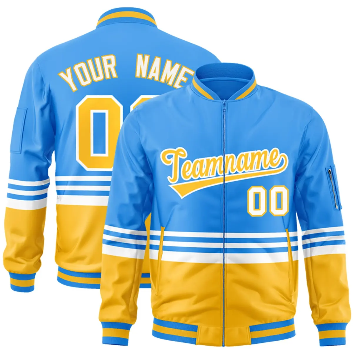 Powder Blue Gold-White Color Block Varsity Letterman Bomber Jacket