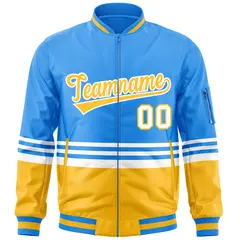 Powder Blue Gold-White Color Block Varsity Letterman Bomber Jacket 3