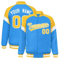 Powder Blue Gold-White Color Block Varsity Letterman Jacket 1