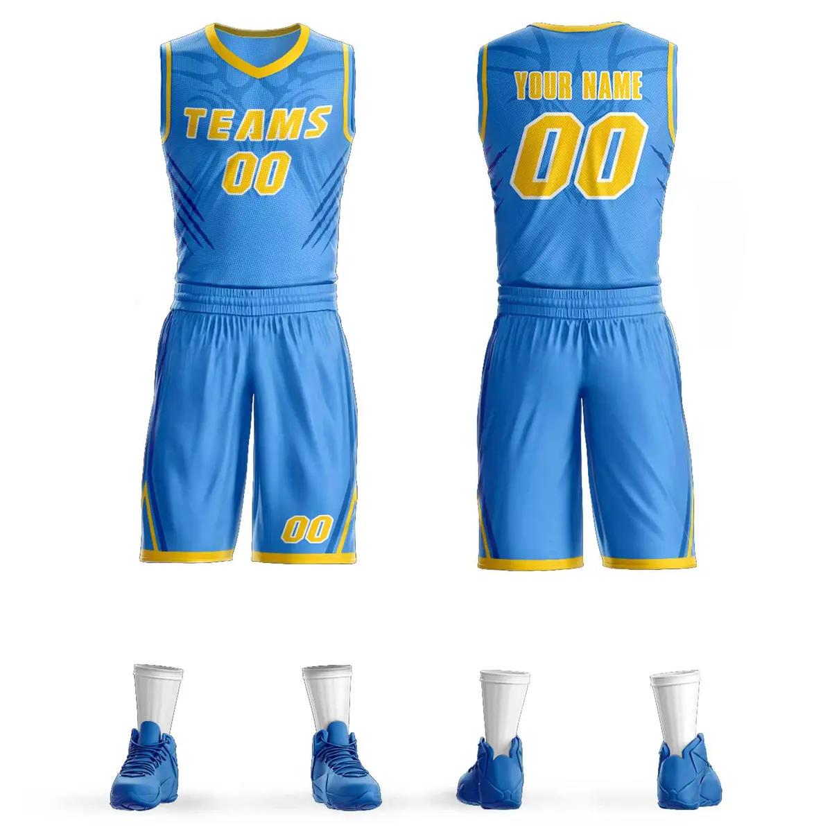 Powder Blue Gold-White Graffiti Claw Pattern Basketball Jersey