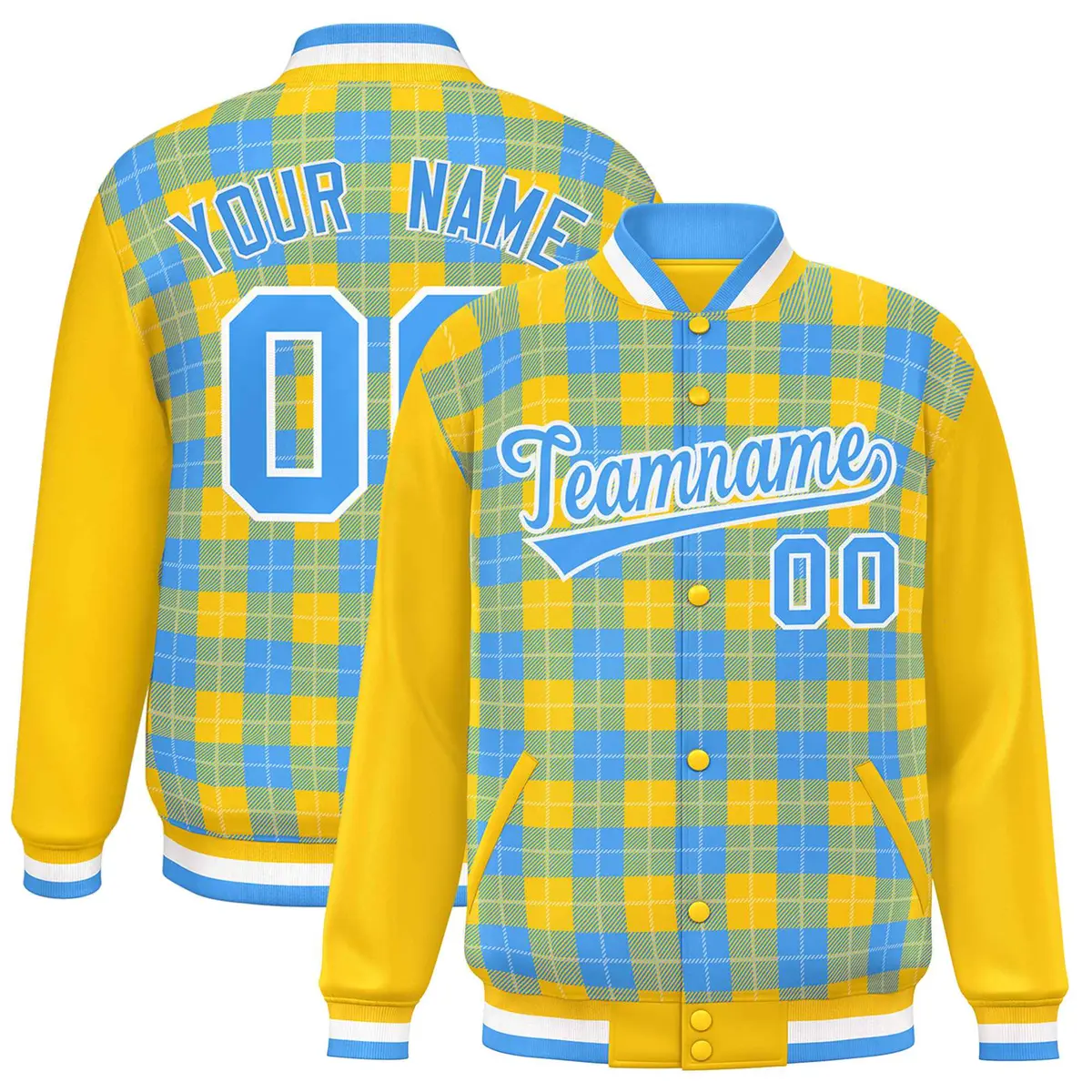 Powder Blue Gold-White Plaid Varsity Full-Snap Letterman Baseball Jacket