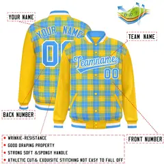 Powder Blue Gold-White Plaid Varsity Full-Snap Letterman Baseball Jacket 2
