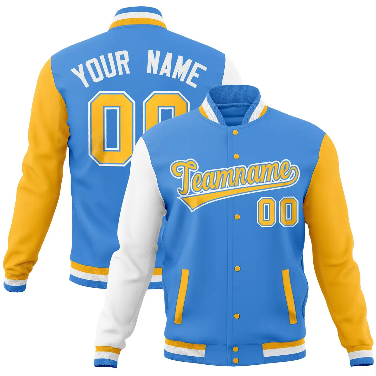 Powder Blue Gold White Raglan Full-Snap Varsity Letterman Baseball Jacket