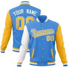 Powder Blue Gold White Raglan Full-Snap Varsity Letterman Baseball Jacket