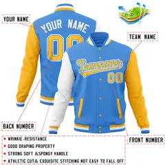 Powder Blue Gold White Raglan Full-Snap Varsity Letterman Baseball Jacket 4