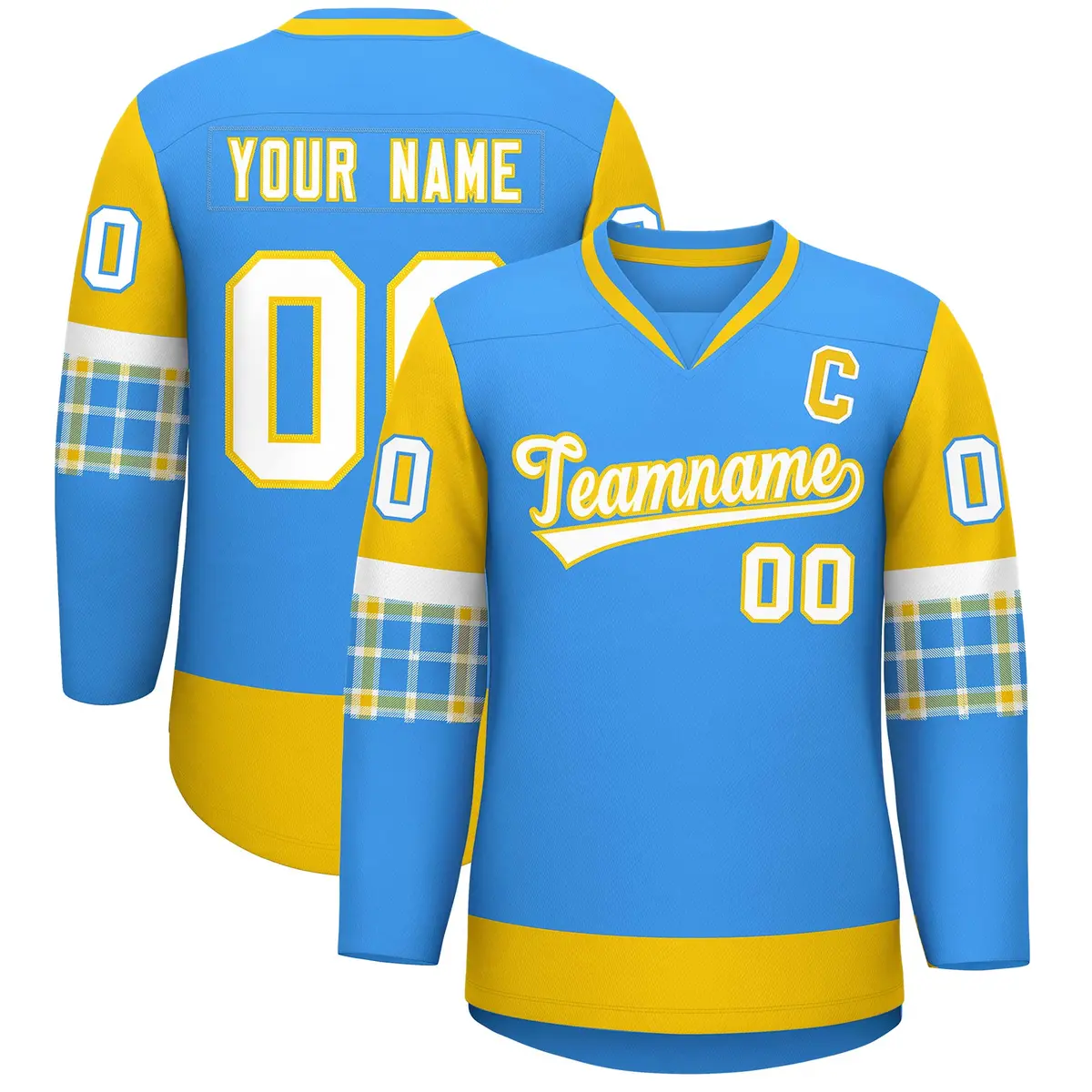 Powder Blue Gold-White Raglan Sleeves V-Neck Hockey Jersey