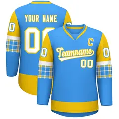 Powder Blue Gold-White Raglan Sleeves V-Neck Hockey Jersey
